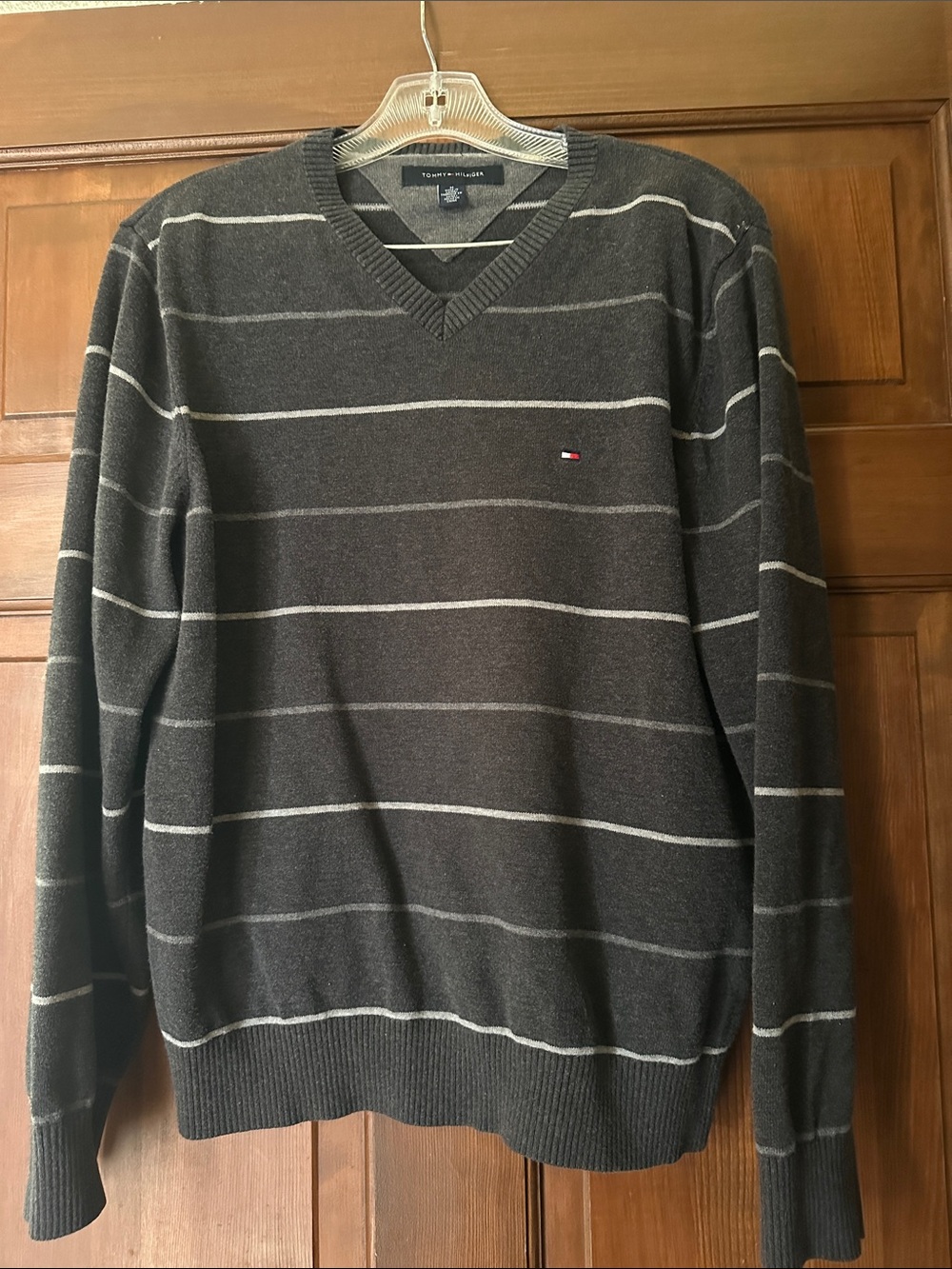 Tommy Hilfiger Men's Dark Gray V-Neck Sweater with Light Gray Stripes